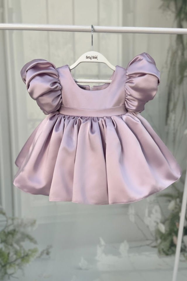 Balloon Sleeve Square Neck Baby Girl Satin Lilac Dress