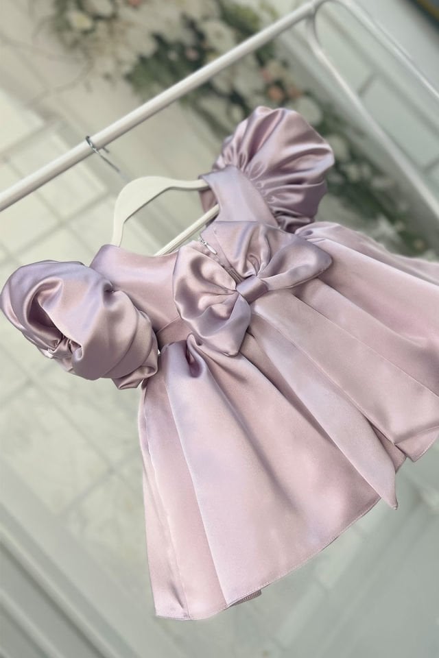 Balloon Sleeve Square Neck Baby Girl Satin Lilac Dress