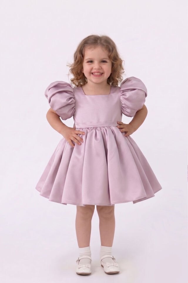 Balon Kol Kare Yaka Kız Çocuk Bebek Saten Lila Elbise