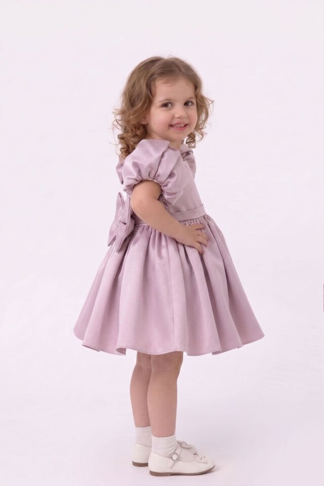 Balon Kol Kare Yaka Kız Çocuk Bebek Saten Lila Elbise