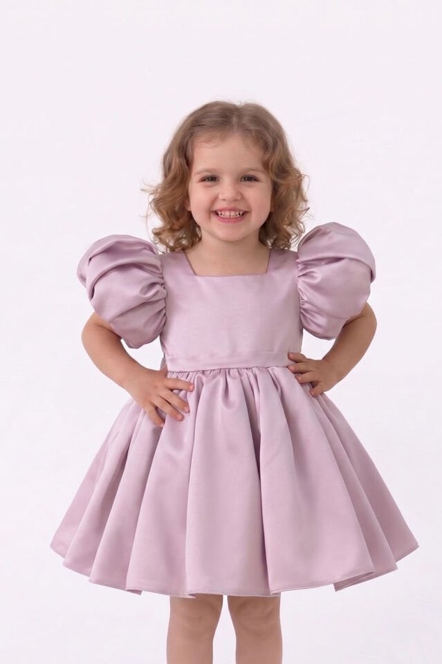 Balon Kol Kare Yaka Kız Çocuk Bebek Saten Lila Elbise