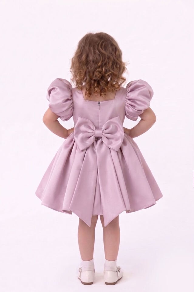 Balon Kol Kare Yaka Kız Çocuk Bebek Saten Lila Elbise