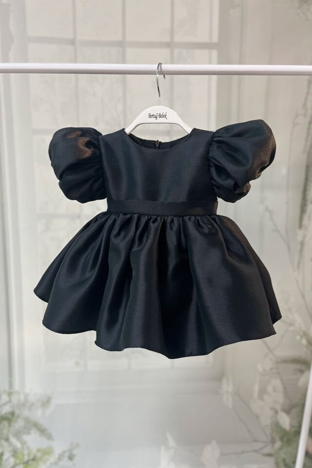 Mikado Parlak Siyah Kabarık Kız Çocuk Bebek Abiye Elbise