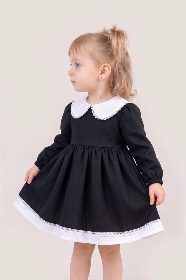 Dantel Detaylı Bebe Yaka Siyah Uzun Kollu Kız Çocuk Bebek Tasarım Elbise