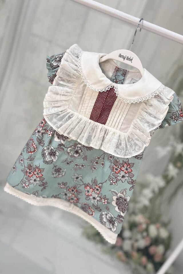 Dantelli Kız Çocuk Bebek Pamuklu Mavi Elbise
