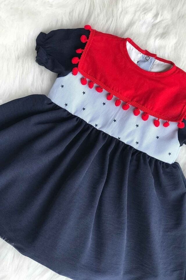 Bahriye Yaka Kırmızı Ponponlu Tasarım Kız Çocuk Bebek Mavi Elbise