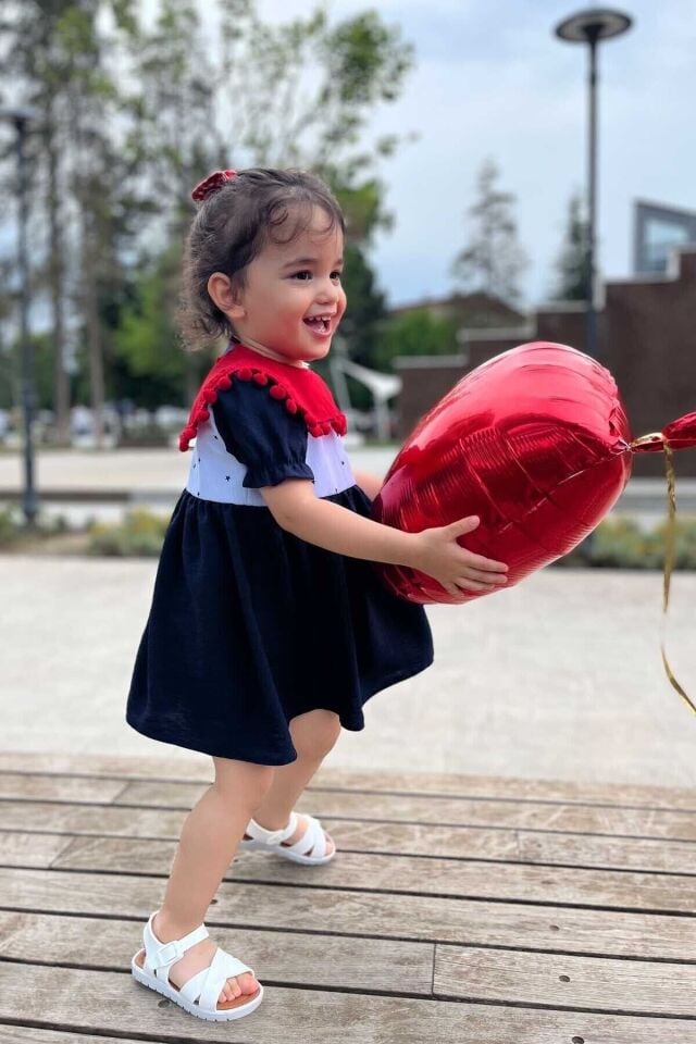 Bahriye Yaka Kırmızı Ponponlu Tasarım Kız Çocuk Bebek Mavi Elbise