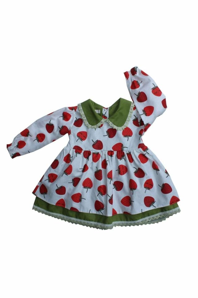 Bebe Yaka Çilek Desenli Dantel Detaylı Kız Çocuk Bebek Elbise