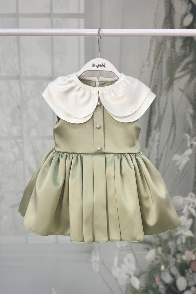 Yeşil Saten Kız Çocuk Bebek Abiye Lotus Elbise