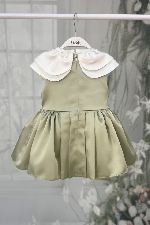 Yeşil Saten Kız Çocuk Bebek Abiye Lotus Elbise
