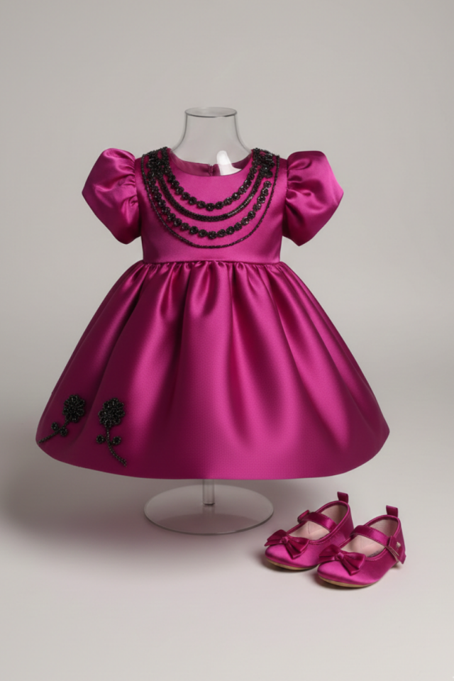 Dantel İşlemeli Menekşe Mor Kız Çocuk Saten Elbise