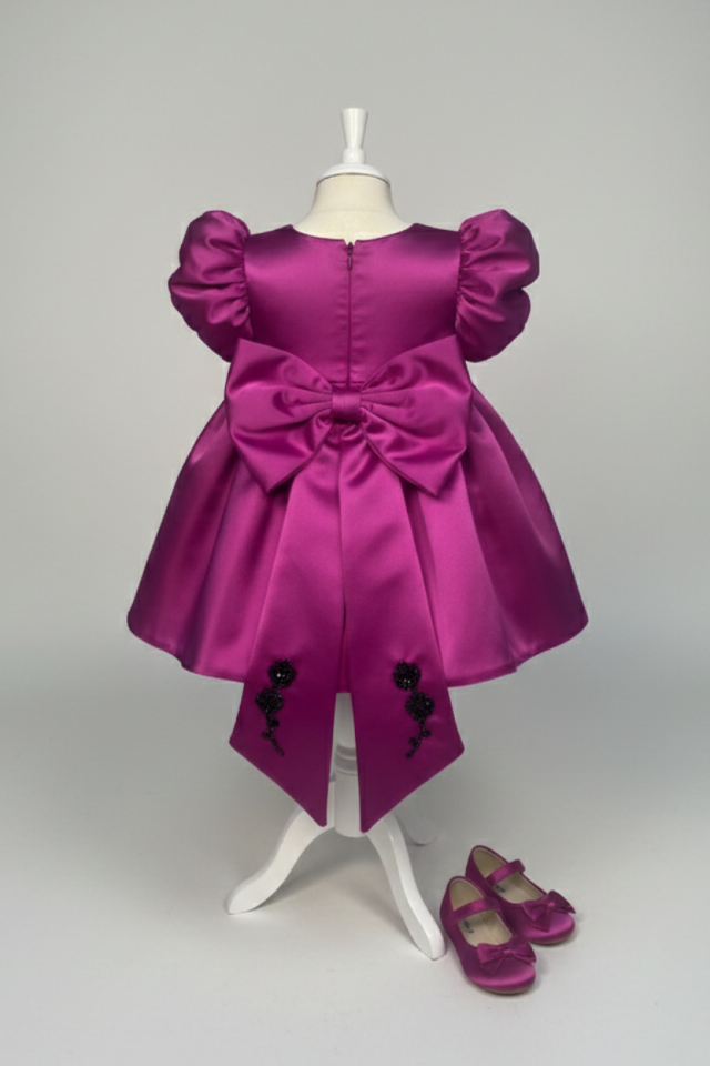 Dantel İşlemeli Menekşe Mor Kız Çocuk Saten Elbise