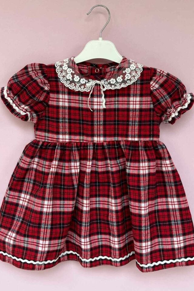 Bebe Yaka Su Taşı Detaylı Ekose Tasarım Kız Çocuk Bebek Elbise