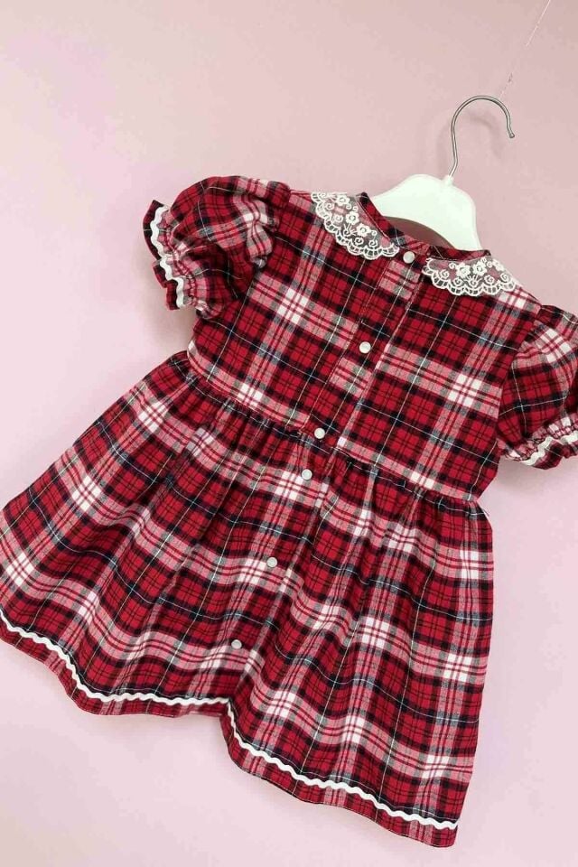 Bebe Yaka Su Taşı Detaylı Ekose Tasarım Kız Çocuk Bebek Elbise