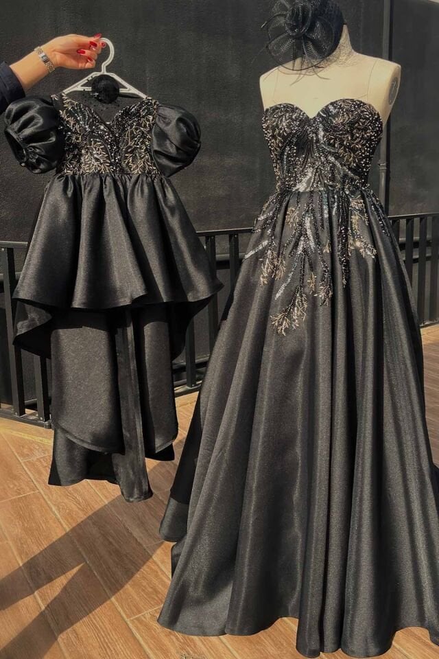 Gewebtes, mit Perlen verziertes Spitzenkleid für Mutter und Tochter, schwarzes Abendkleid