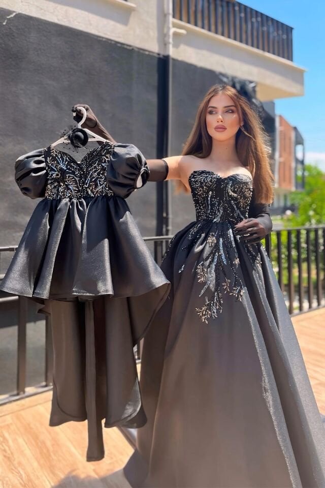 Gewebtes, mit Perlen verziertes Spitzenkleid für Mutter und Tochter, schwarzes Abendkleid