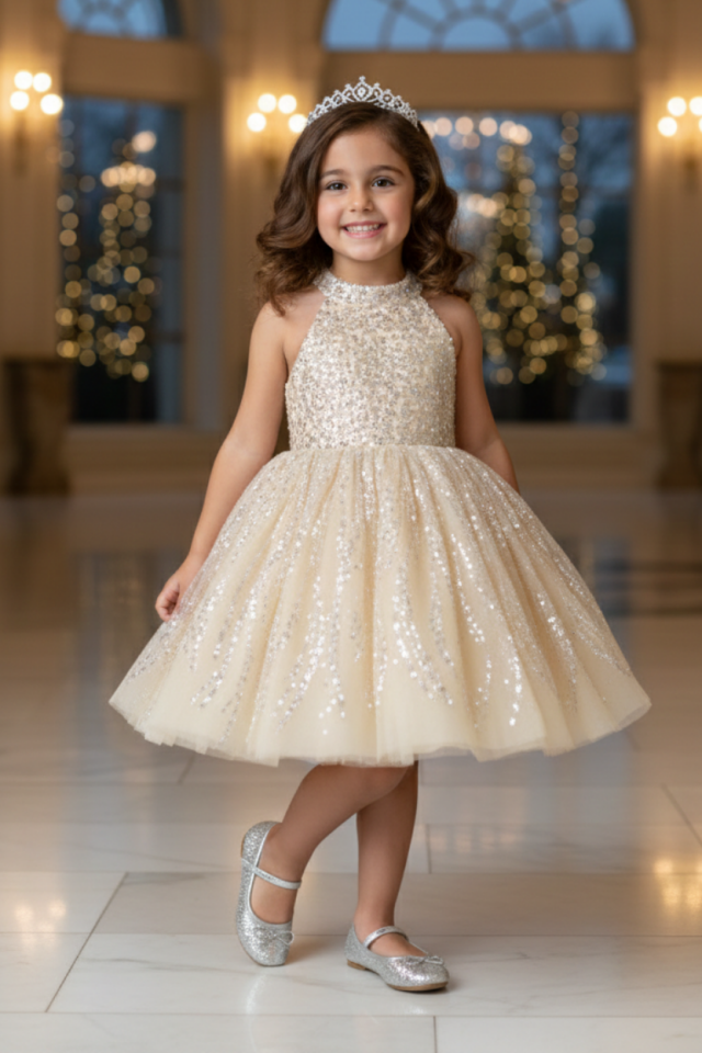 Boncuk Payetli Kız Çocuk Abiye Kolsuz Kabarık Elbise