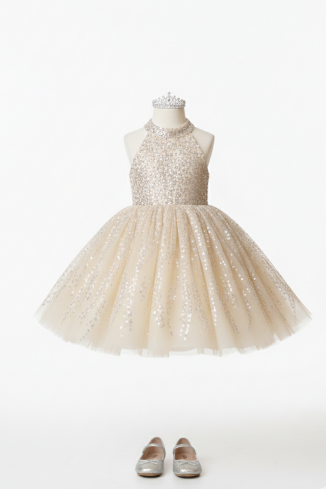 Boncuk Payetli Kız Çocuk Abiye Kolsuz Kabarık Elbise