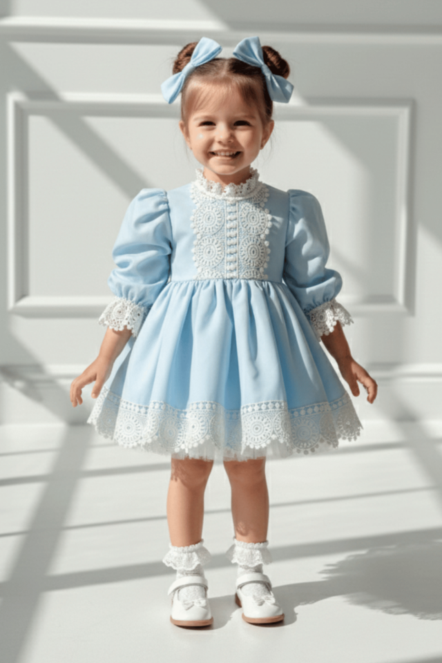 Elegantes Babyblaues Mädchenkleid aus Popeline-Baumwolle mit Spitzendetails
