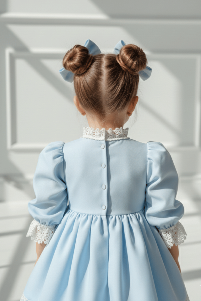 Zarif Dantel Detaylı Bebe Mavi Kız Çocuk Bebek Poplin Pamuk Elbise