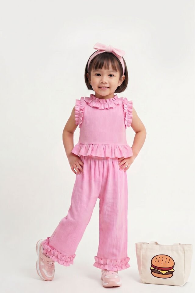 Pembe Şile Bezi Fırfır Detaylı Alt Üst Takım