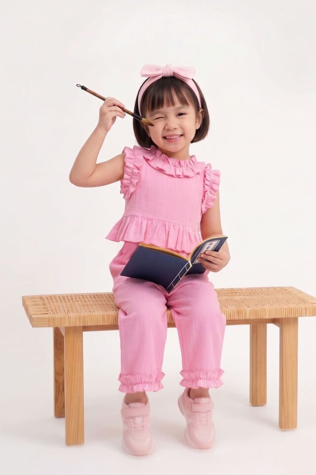 Pembe Şile Bezi Fırfır Detaylı Alt Üst Takım