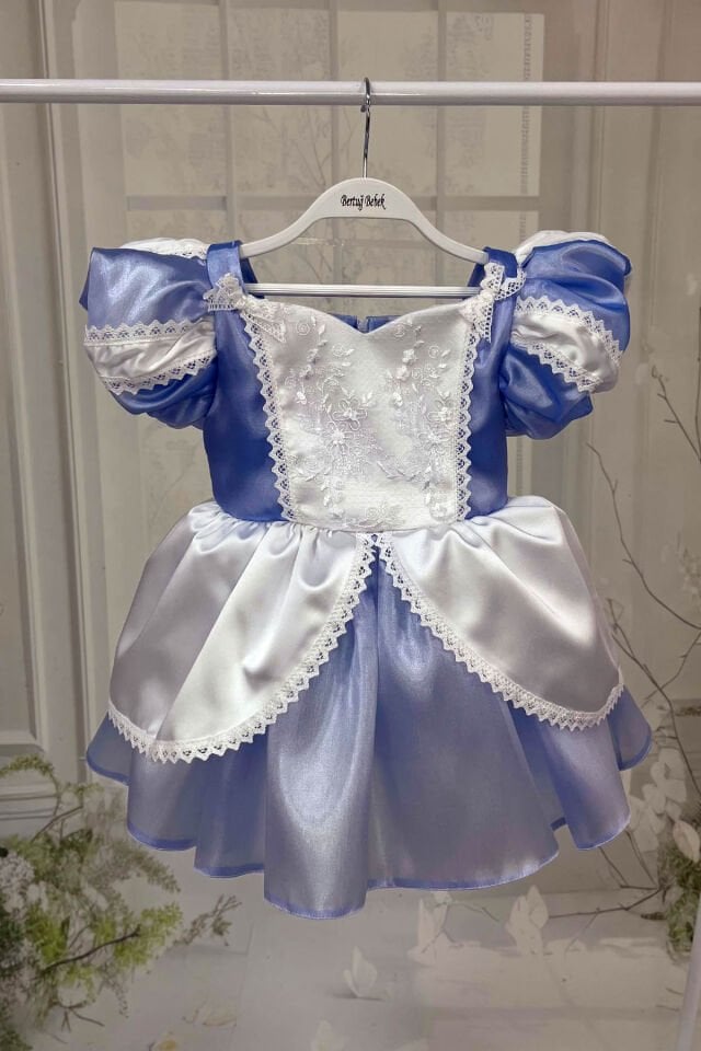 Dantel Süslemeli Kız Çocuk Mavi Beyaz Cindirella Sindirella Abiye Elbise