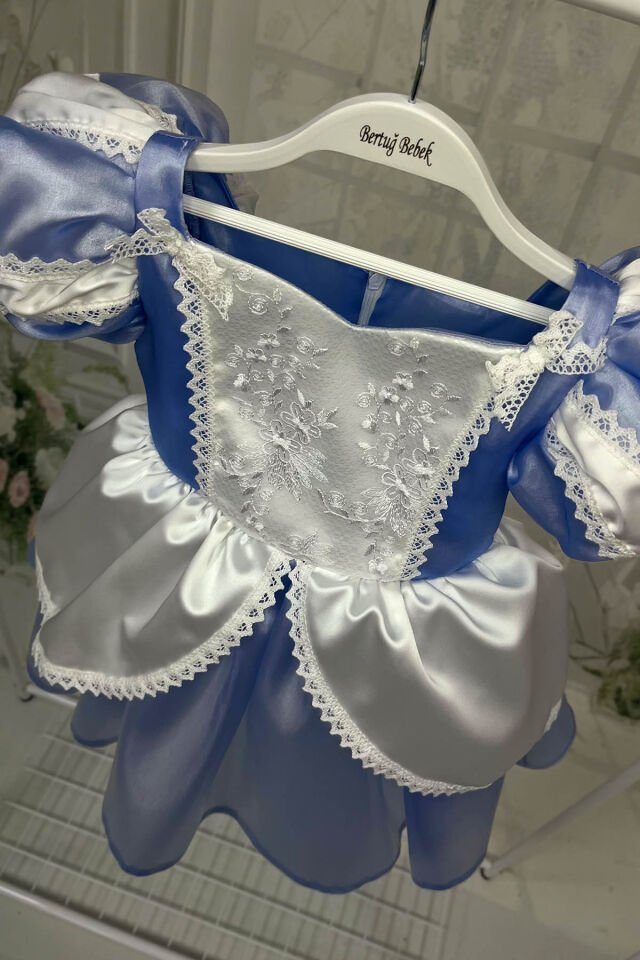 Dantel Süslemeli Kız Çocuk Mavi Beyaz Cindirella Sindirella Abiye Elbise