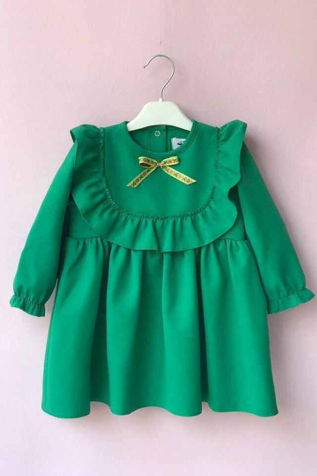 Fırfır Ve Kurdele Detaylı Tasarım Yeşil Krep Kız Çocuk Bebek Elbise