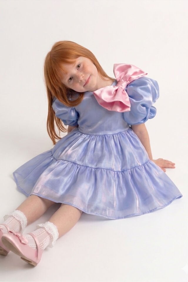 Pembe Fiyonklu Organze Balon Kol Mavi Kız Çocuk Bebek Abiye Elbise