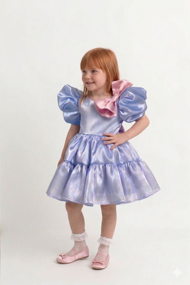 Pembe Fiyonklu Organze Balon Kol Mavi Kız Çocuk Bebek Abiye Elbise
