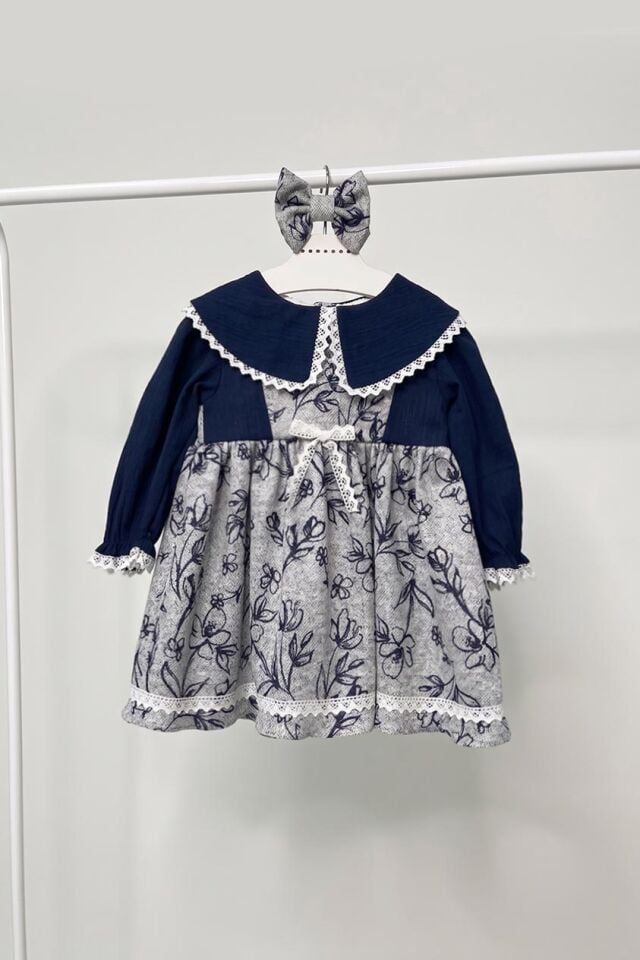 Lacivert Gri Çiçek Desenli Pamuklu Kışlık Günlük Kız Çocuk Bebek Elbise