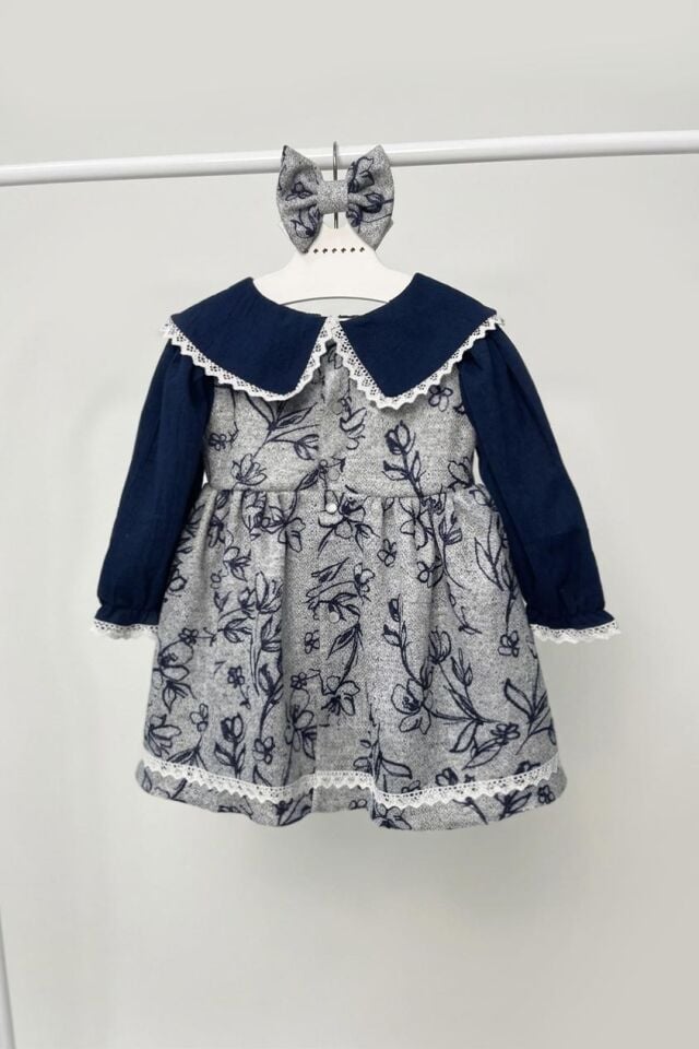 Lacivert Gri Çiçek Desenli Pamuklu Kışlık Günlük Kız Çocuk Bebek Elbise