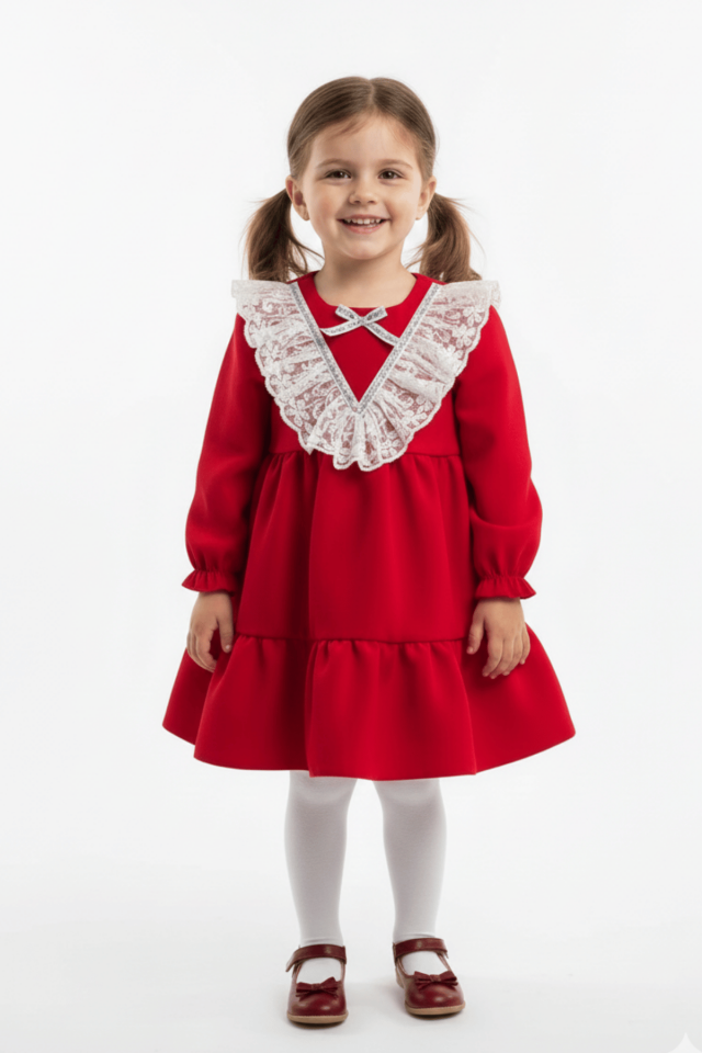 Dantel Detaylı Abiye Kız Çocuk Bebek Bayramlık Doğum Günü Kırmızı Krep Elbise