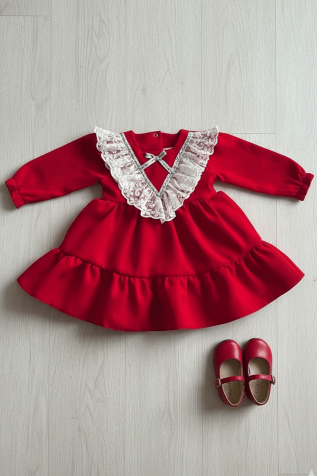 Dantel Detaylı Abiye Kız Çocuk Bebek Bayramlık Doğum Günü Kırmızı Krep Elbise