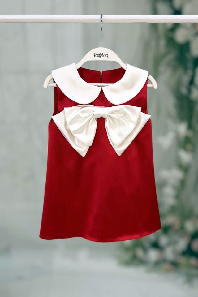 Saten Bebe Yaka Fiyonklu Kız Çocuk Bebek Bayramlık Kırmızı Elbise