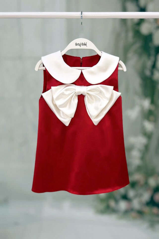 Saten Bebe Yaka Fiyonklu Kız Çocuk Bebek Bayramlık Kırmızı Elbise