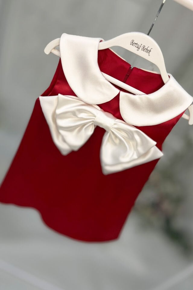 Saten Bebe Yaka Fiyonklu Kız Çocuk Bebek Bayramlık Kırmızı Elbise