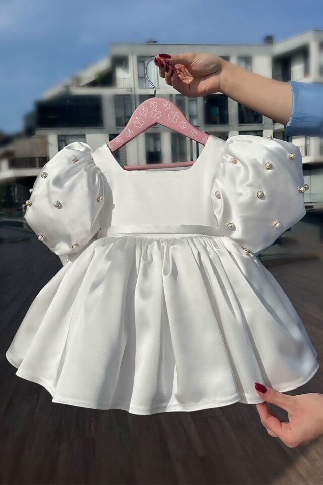 İncili Balon Kol Kız Çocuk Bebek Saten Kırık Beyaz Abiye Gelinlik Elbise