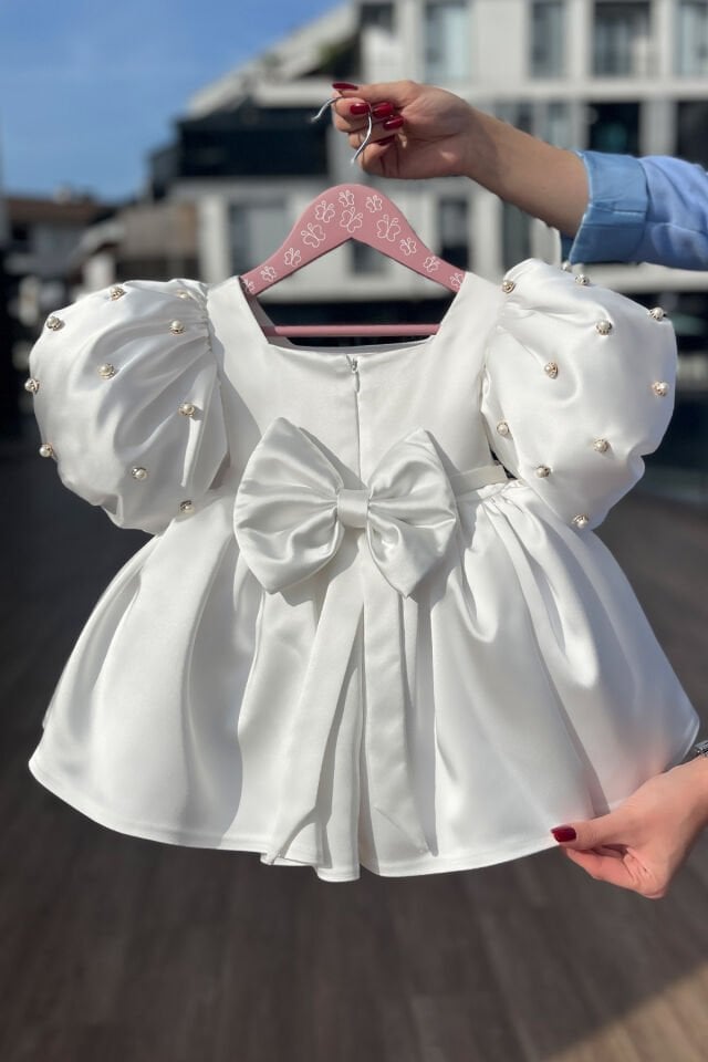 İncili Balon Kol Kız Çocuk Bebek Saten Kırık Beyaz Abiye Gelinlik Elbise