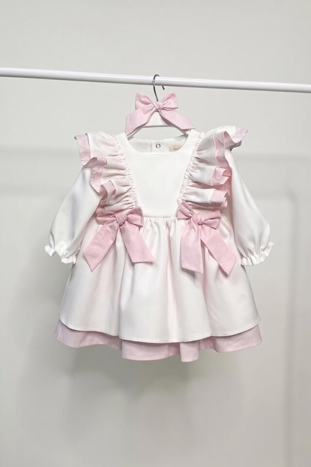 Pembe Fırfırlı ve Fiyonk Detaylı Beyaz Krep Kız Çocuk Bebek Elbise