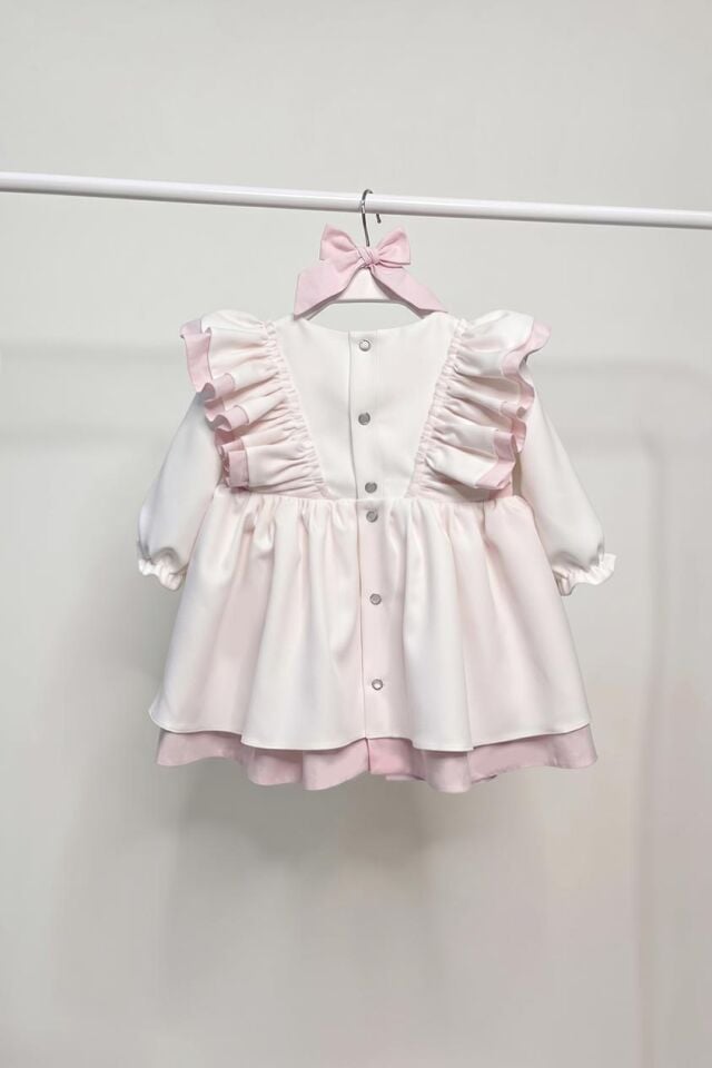 Pembe Fırfırlı ve Fiyonk Detaylı Beyaz Krep Kız Çocuk Bebek Elbise