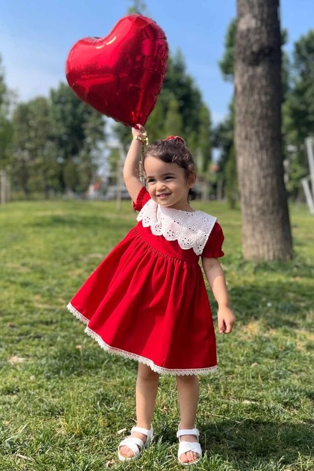 White Scallop Collar Baby Girl Red Dress