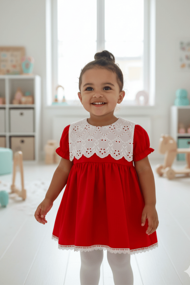 Beyaz Fisto Yakalı Kız Çocuk Bebek Kırmızı Elbise