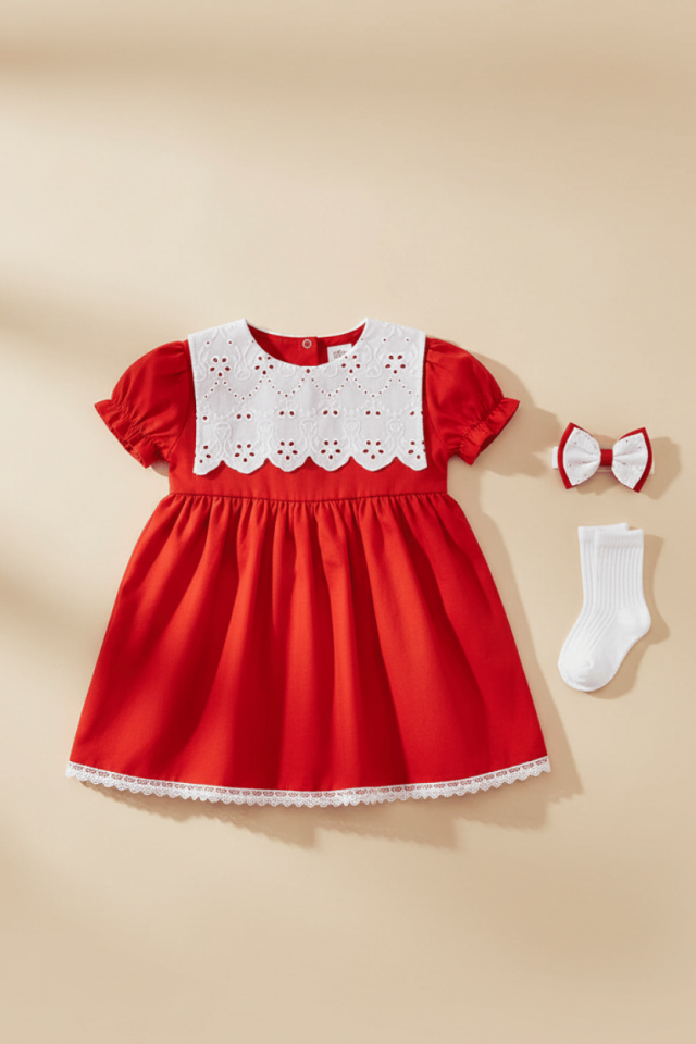 Beyaz Fisto Yakalı Kız Çocuk Bebek Kırmızı Elbise