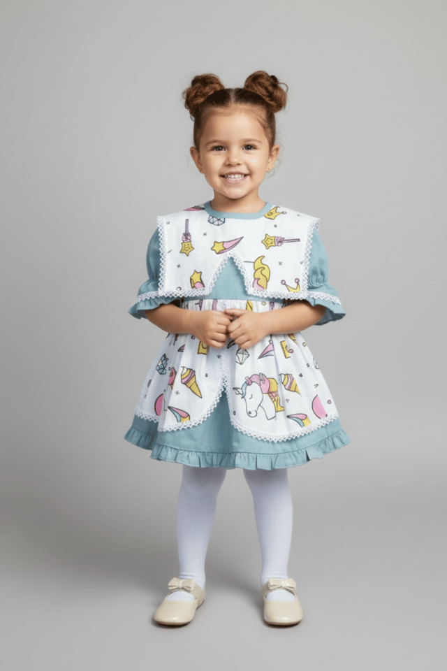 Bahriye Yaka Unicorn Desenli Özel Tasarım Mavi Kız Çocuk Bebek Elbise