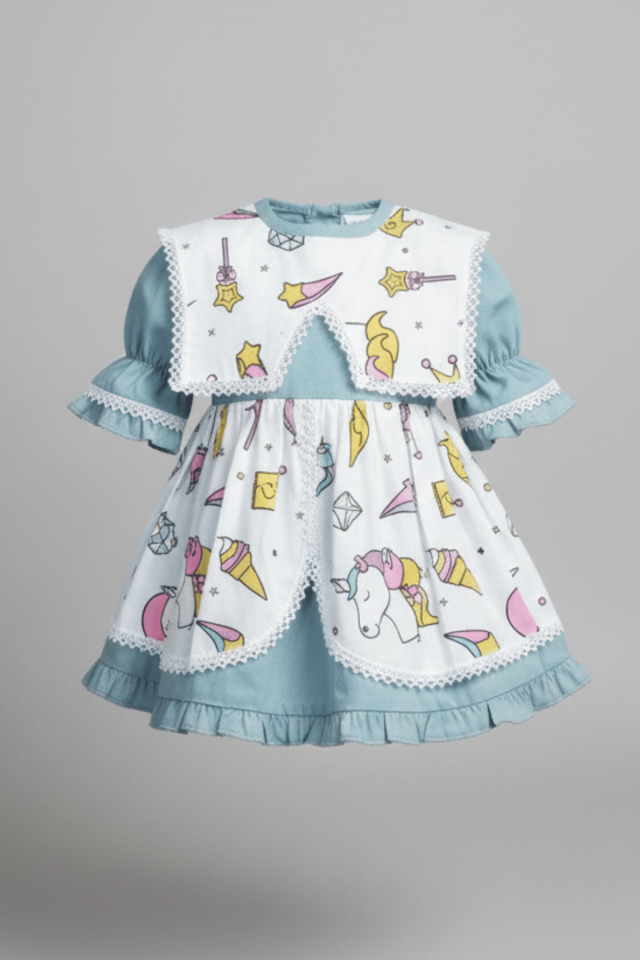 Bahriye Yaka Unicorn Desenli Özel Tasarım Mavi Kız Çocuk Bebek Elbise