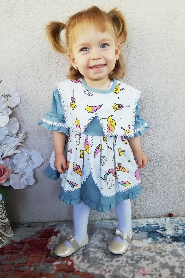Bahriye Yaka Unicorn Desenli Özel Tasarım Mavi Kız Çocuk Bebek Elbise