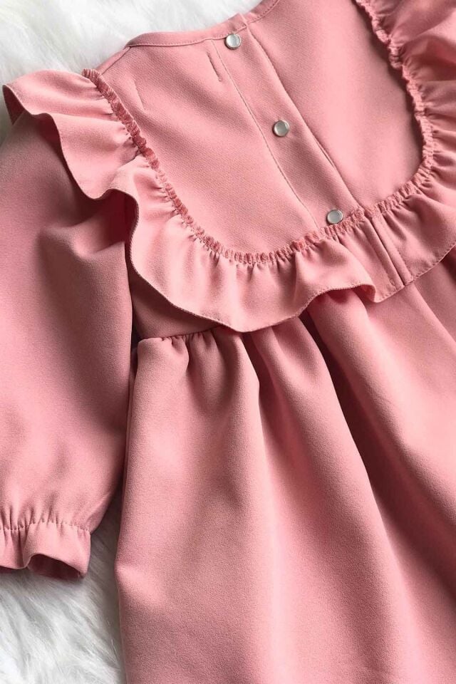Fırfır ve Kurdele Detaylı Tasarım Krep Pudra Pembe Kız Çocuk Bebek Elbise