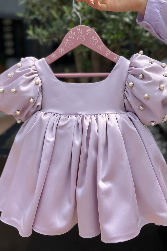 Pearl Balloon Sleeve Baby Girl Satin Lilac Evening Dress Wedding Dress Lilac - 6 years old
